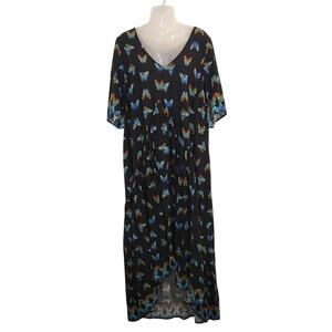 Evans Black Short Sleeve V-Neck Belted Boho Butterfly Maxi Shift Dress Size 18